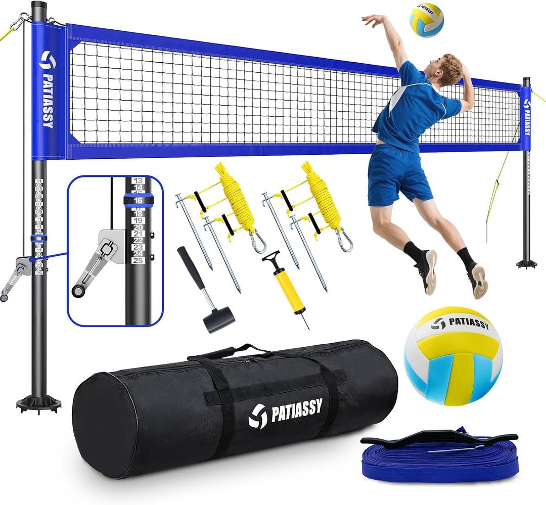 Professional Heavy Duty Volleyball Net Set for Backyard & Beach, Outdoor Net System with Steel Anti-Sag Winch, 32FT Reinforced Net, Height Adjustable Rust-Resistant Aluminum Poles, Portable Carry Bag, 32'l X 3'h Polyethylene Net