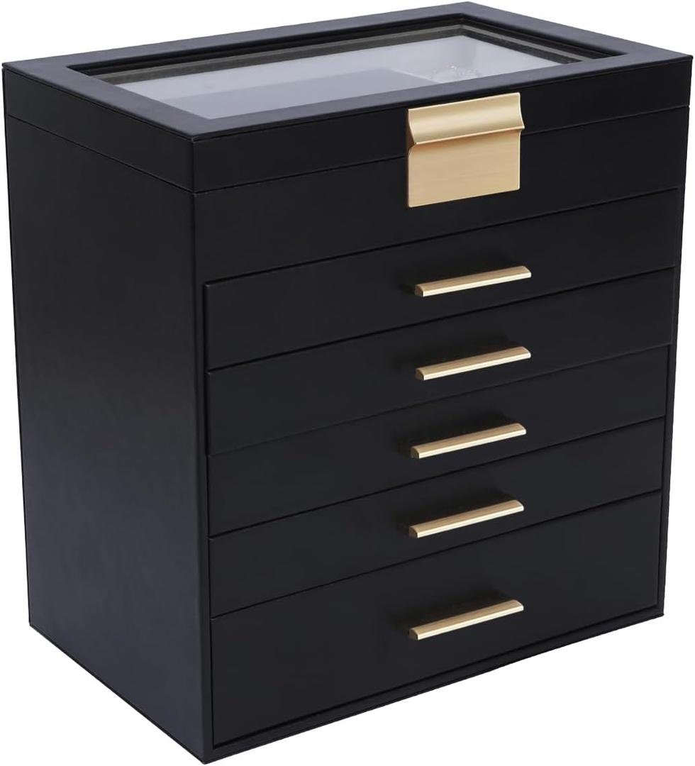 BOOVO Jewelry Box for Women, Black 6 Layer Large Jewelry Organizer with Glass Lid for Necklace, Bracelet, Earrings, Rings Storage, Jewelry Organizers and Storage for Girls Gift (Clear Black, 6 layer)