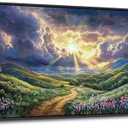 HKDGOKA Large Bedroom Wall Art, Purple Green Landscape Paintings Sun Clouds Mountains Flowers Canvas Pictures Framed Artwork for Living Room Office Kitchen Home Wall Decor 24x48 IN