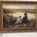 Gold Vintage Framed Wall Art Boy Fishing Wall Decor Painting, fall wall art Dog and Boy Landscape Canvas Retro Country Farmhouse Prints Artwork kids wall art for Bedroom Living Room 16x24inch