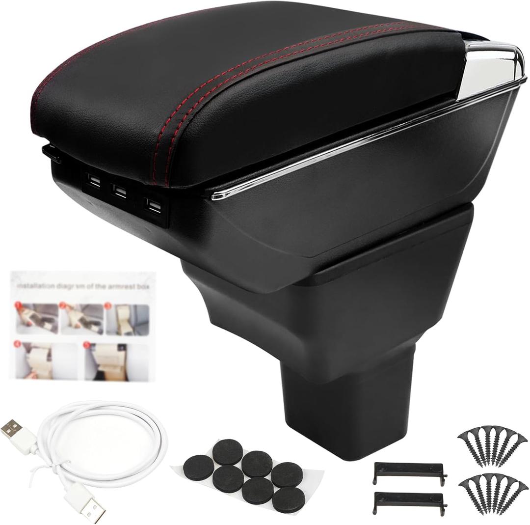 Center Console Armrest Compatible with Nissan Kicks 2016 2017 2018 2019 2020 2021 with 7 USB Port Cup Holder Double Layer Organizer Storage Box (Black with Red Line)