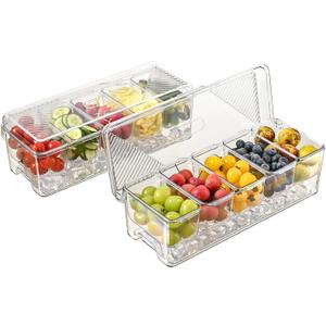 Large Chilled Condiment Caddy,Stackable Chilled Condiment Containers Server with Lids for 5 Removable Compartments (5 Containers, 2 pack)