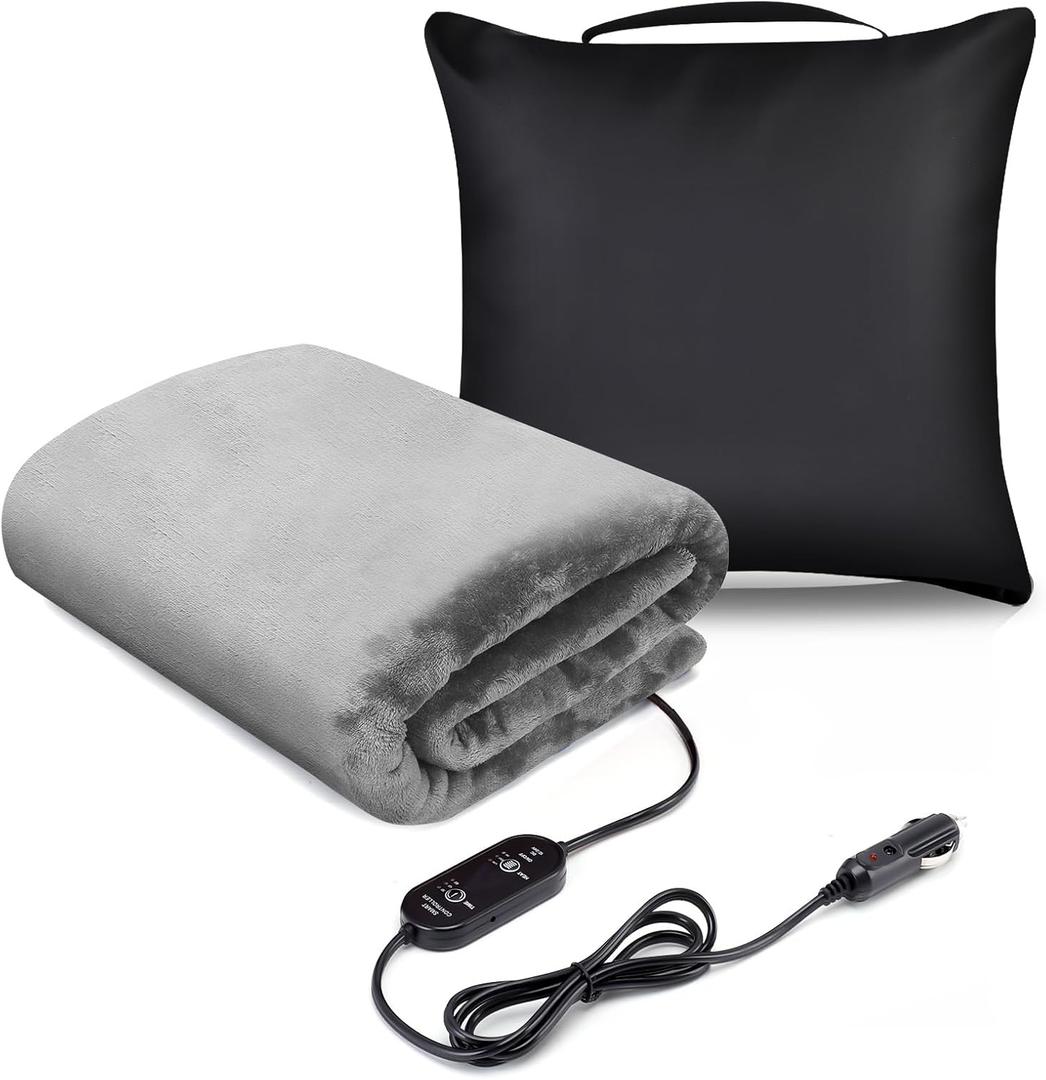 Heated Car Blanket,Stored As A Pillow,Electric Warming Blanket,3 Temperature Settings,Timer,Machine Washable,12/24 V Electric Blanket with Storage Bag 59x43 in