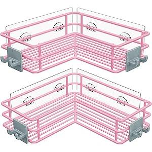 Nieifi Adhesive Corner Shower Caddy Shelf Basket Rack with Hooks, Rust Proof Stainless Steel Bathroom Shelf Shampoo Holder No Drilling (Pink)