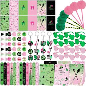 84pcs Pink and Green Witch Party Favors Birthday Decorations Pens Notepads Sunglasses Paper Gift Bag Key Chains Slap Bracelet Sticker Halloween Themed Party Supplies for Gift Party