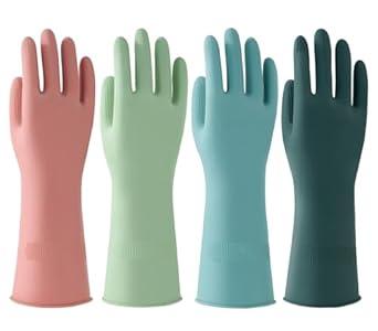 Bamllum 4 Pairs Dishwashing Gloves – Reusable Rubber Cleaning Gloves for Kitchen, Bathroom & Household, Durable & Flexible, Colorful Non-Slip Design (Large)