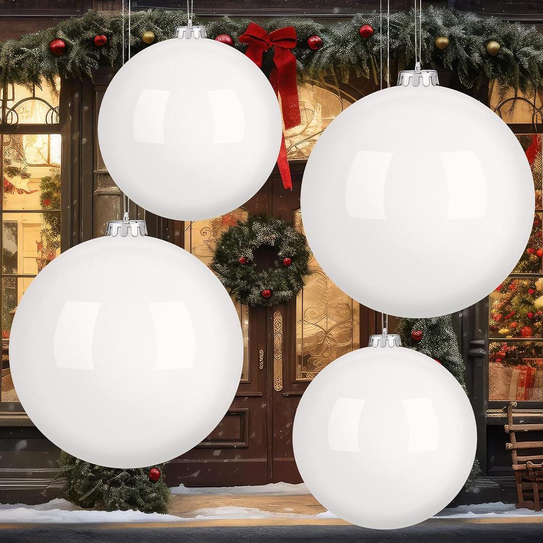 Soulchen 4 Pcs 8" 6" Extra Large White Christmas Balls Ornaments Oversized Plastic Hanging Xmas Tree Decorations Jumbo DIY Xmas Ball for Indoor Outdoor Lawn Yard Holiday Party