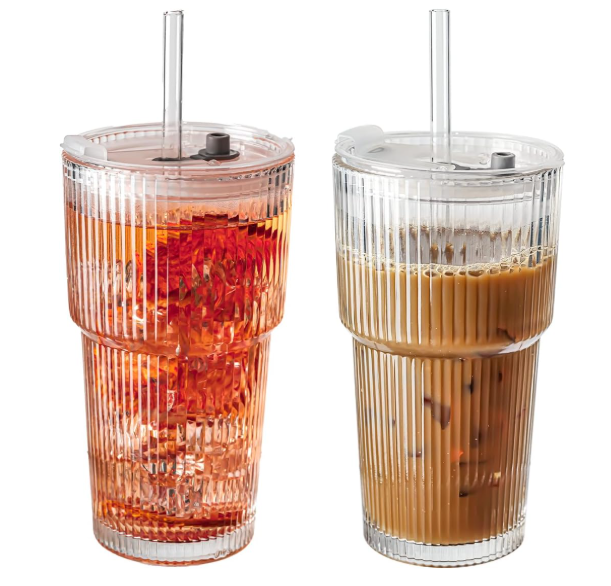 SUROQUE 20oz Ribbed Glass Tumblers with Lids & Straws, Ideal for Iced Coffee, Cocktails & More  Includes Cleaning Brush