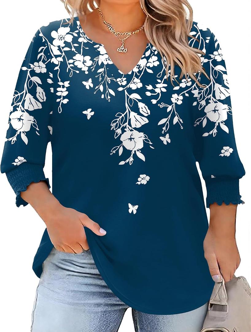 Rapbin Womens Plus Size Tops 3/4 Sleeve Blouses Shirts Casual V Neck Loose Tunic Tops, 3XL
