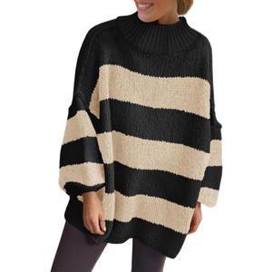 Saodimallsu Womens Oversized Striped Sweater Mock Neck Chunky Knit Lantern Long Sleeve Fall Trendy Tunic Sweaters Top (Large, Black)
