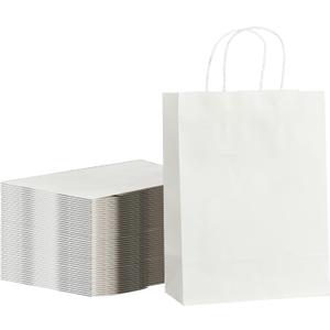 METAPRINT Kraft Paper Gift Bags with Handles in Bulk, 100pcs White Paper Bags 8x4.5x10.8 inch, Recyclable Shopping Bags for Retail, Grocery, Party Favors, Wedding