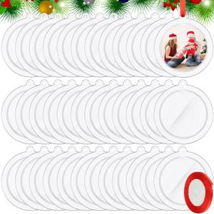 Vercraft 36 Pcs 2025 Christmas Clear Round Frame Ornaments with Red Ribbon, Acrylic Blank Round Photo Frame Bulk, Hanging Photo Ornaments for Christmas Tree Decoration (Classic Style)