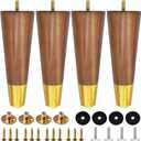 Hard Wood Furniture Legs with Gold Caps 6 Inch Mid-Century Modern Replacement Legs for Couch Dresser Cabinet Vanity Ottoman Walnut Color Sofa Legs Set of 4