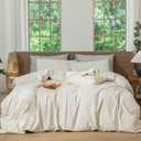 MooMee Striped Duvet Cover Set 100% Washed Cotton Linen Like Textured Breathable Durable Soft Comfy (Almond Milk Grey Pinstripes, Queen 90"x90")