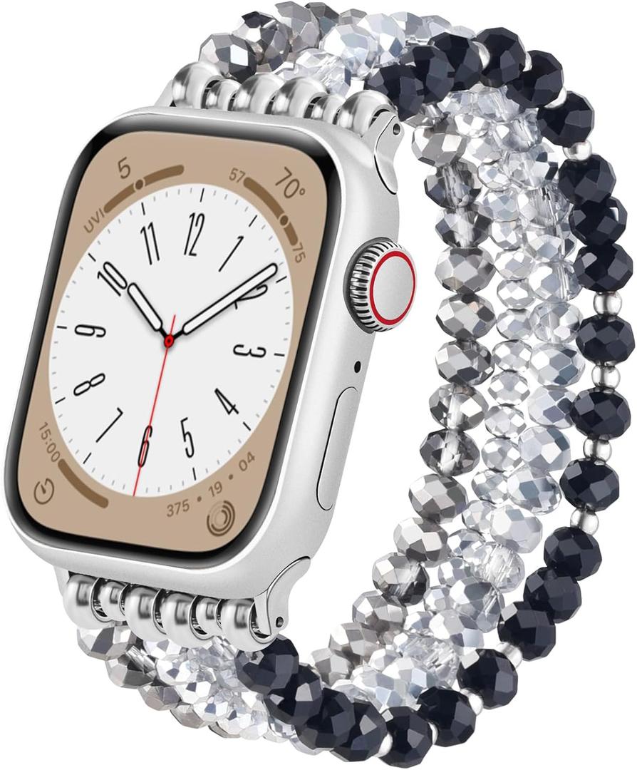 VISOOM Beaded Bracelet Compatible for Apple Watch Band 42mm/41mm/40mm/38mm Series 10/9/8/7 SE/6/5/4 Women Fashion Cute Handmade Pearl Stretchy Watch Strap for iWatch Bands 3/2/1 (C-Light Blue)