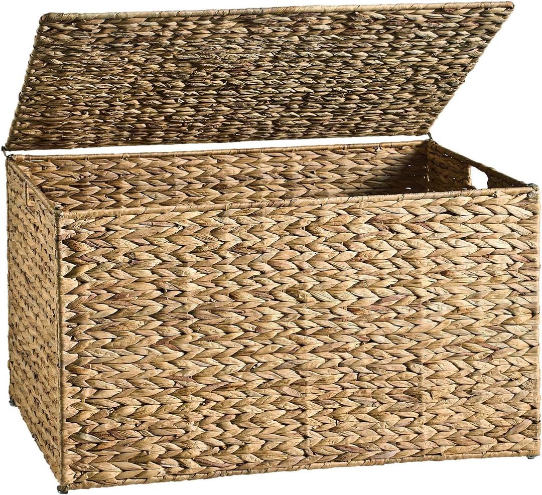 Water Hyacinth Storage Basket with Lid, 42.3 Gallon (160L) Blanket Storage Basket with Handles, Woven Storage Bin, Foldable, Metal Frame, for Bedroom, Laundry Room, Natural