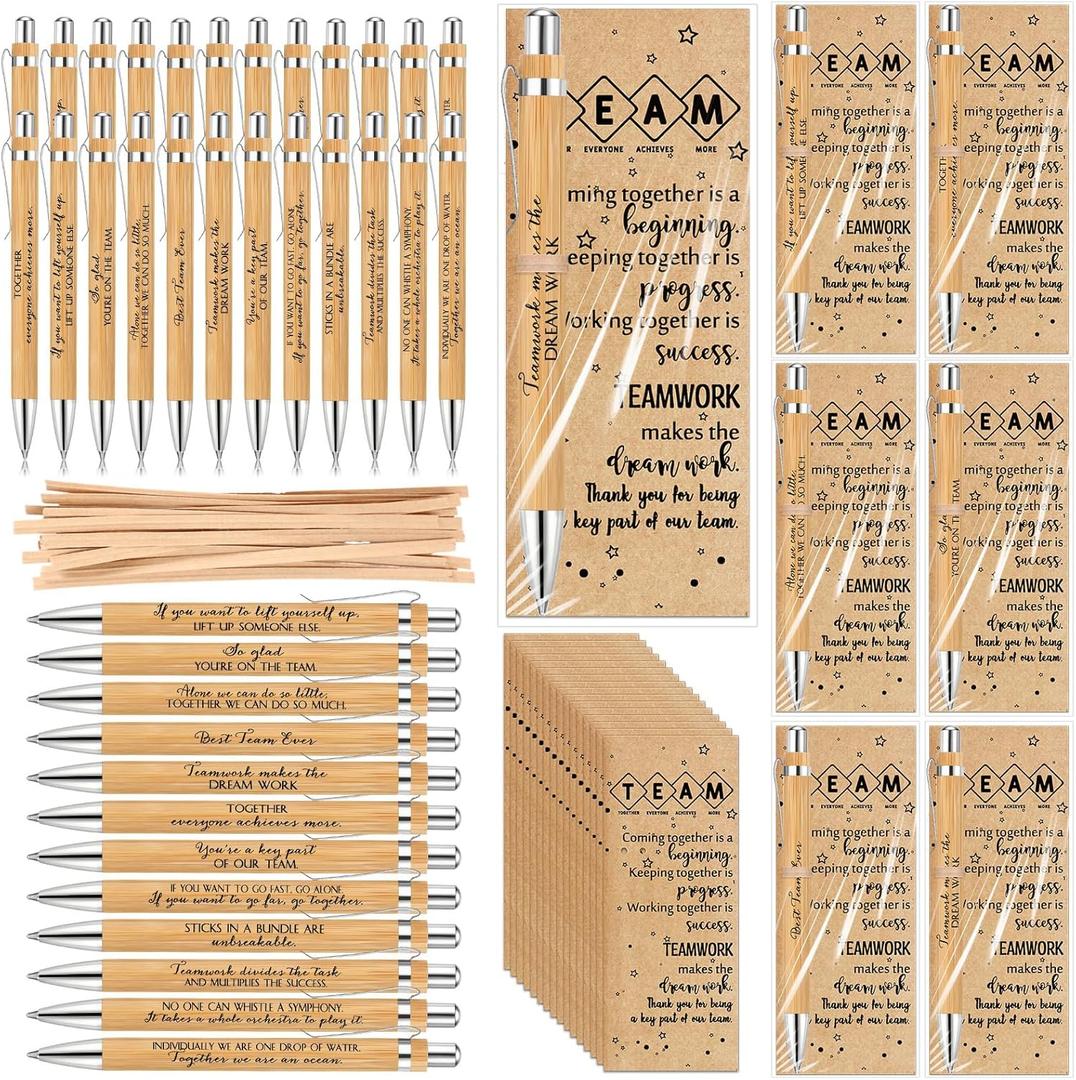 Sayglossy 48 Sets Team Gifts for Employees Coworkers Office Motivational Wood Bamboo Pen with Inspirational Cards for Staff Group Teacher School Nurse Assistant Gifts