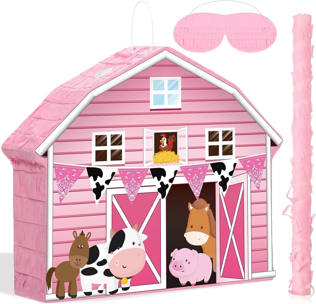 Faccito Pink Farm Piata Bundle Fiesta Piata Set Includes Bat Stick, Barnyard Piata and Blindfold Mask for Farmhouse Country Kids Cinco De Mayo Birthday Party Mexican Piata Game Supplies Decoration
