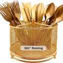360 Rotating Metal Utensil Caddy - 4 Compartment Silverware Cutlery Holder Rotation Fork Spoon Napkin Organizer Flatware Storage Basket Party Countertop Buffet Picnic Camping Outdoor Gold