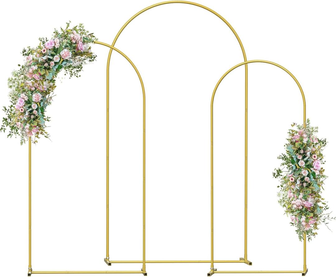Wedding Arch Backdrop Stand Set of 3(7.3FT/6.6FT/6FT),Metal Balloon Arch for Wedding Ceremony Baby Shower, Outdoor Indoor Birthday Party,Garden Floral Arch Backdrop Stand Decoration, Gold
