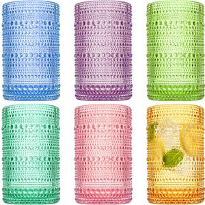 ZOOFOX Set of 6 Vintage Drinking Glasses, 12 Oz Colored Hobnail Glasses Tumbler, Embossed Design Glass Tumblers Set for Water, Beverages, Juice, Beer, Cocktail, Whiskey, Milk