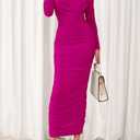 PRETTYGARDEN Womens 2026 Fall Long Sleeve Maxi Dress Off Shoulder Mesh Ruched Bodycon Trendy Long Wedding Guest Dresses (Rose Red,X-Large) (Pink, XL)