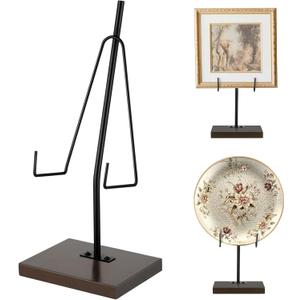 Picture Stands for Display Metal Frame Wooden Base Plate Holder for Display Wooden Base Black Picture Frame Easel Stand for Home Office Tabletop Book Platter Photo Plaque Holder