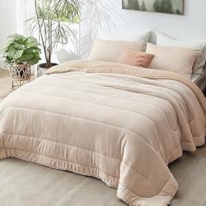 Bedsure Queen Comforter Set - Cooling and Warm Bed Set, Beige Reversible All Season Cooling Comforter, 3 Pieces, 1 Queen Size Comforter (88"x88") and 2 Pillow Cases (20"x26")