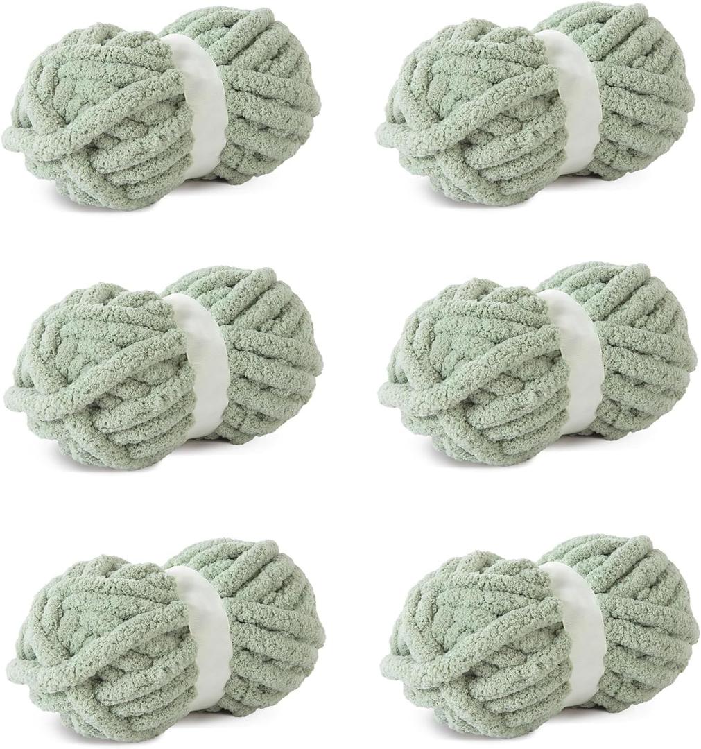Sage Green Chunky Chenille Yarn - 6 PCS Bulky Plush Yarn for Hand Knitting Blankets (30 Yards, 8.8 Ounces Each)