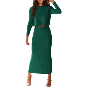 PRETTYGARDEN Women's Spring Fall 2 Piece Sweater Set Rib Knit Long Sleeve Crop Top Maxi Bodycon Skirt Casual Winter Outfits (Large, Dark Green)