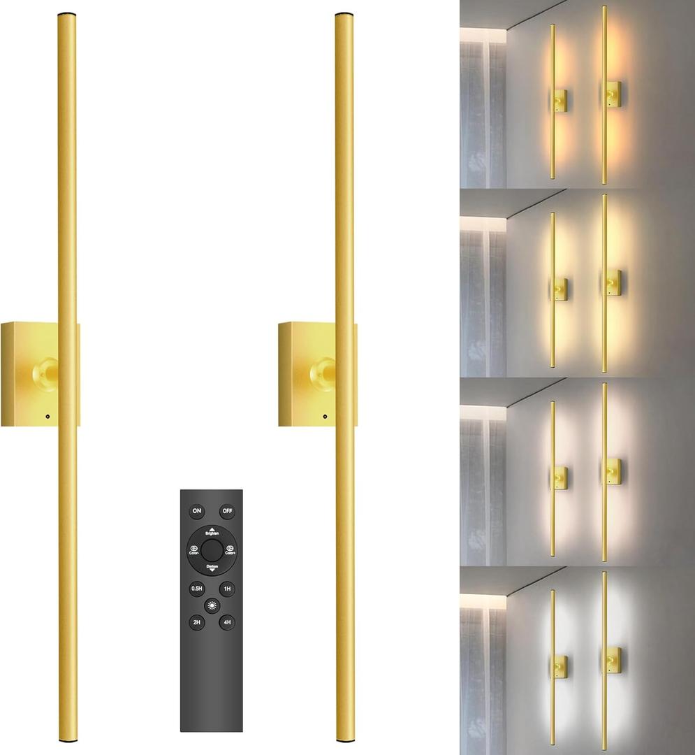 Yurnero Rechargeable Battery Wall Sconces Set of Two - Wireless Operated Modern Remote Dimmable Black & Gold Cordless Wall Light Sconce for Bedroom, Bathroom, Entryway, Decor & Task Lighting (31.5in)