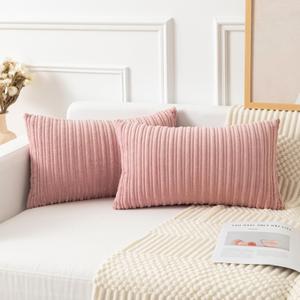 Kevin Textile 2 Pack Striped Corduroy Oblong Throw Pillow Covers 12x20 inches Valentines Day Gifts Cushion Cases for Lumbar Chair Car Bed, 30cm x 50cm, Baby Pink (20" x 12" (Pack of 2))