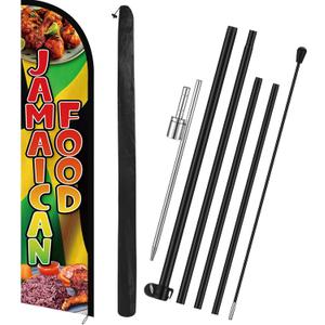 15 ft Jamaican Food Feather Flag Kit, Jamaican Food Swooper Flags with Poles and Ground Stake, Windless Advertising Banner Sign for Outdoor, Festivals, Business, Restaurant