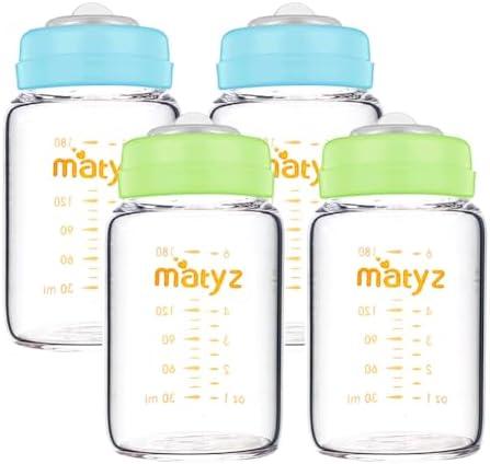 Matyz Glass Breastmilk Storage Containers, 4 Pack, 6 oz Bottle, Fit with Spectra Medela Avent Pump - Wide Mouth Breastmilk Collection and Storage Bottle with Lids - No BPA (2 Green & 2 Blue Lids)