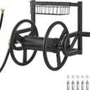 VEVOR Wall Mounted Garden Hose Reel, Holds 125 ft 5/8-inch Hose, Heavy-Duty Water Hose Winder, Space-Saving Design, Outdoor Manual Reel with Brass Fitting and Storage Basket for Yard Lawn (Black)