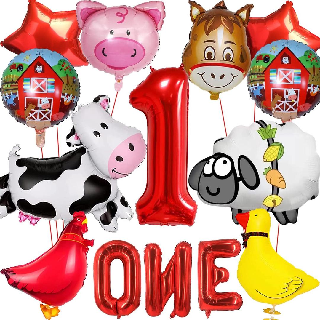 14 PCS Farm Animal Balloons Cow Sheep Duck Rooster Pig Donkey Balloons Barnyard Balloon Supplies with Large Number 1 Foil Balloon for Farm Animal Theme 1st Birthday Party Decor Supplies