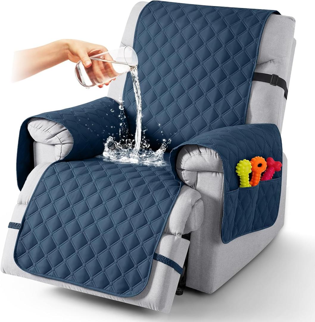 TAOCOCO 100% Waterproof Recliner Covers, Recliner Sofa Covers with Leg Straps, Reversible Recliner Couch Cover for Reclining Chair, Washable Couch Protector for Pets Kids(1 Seater 22", Ocean Blue)