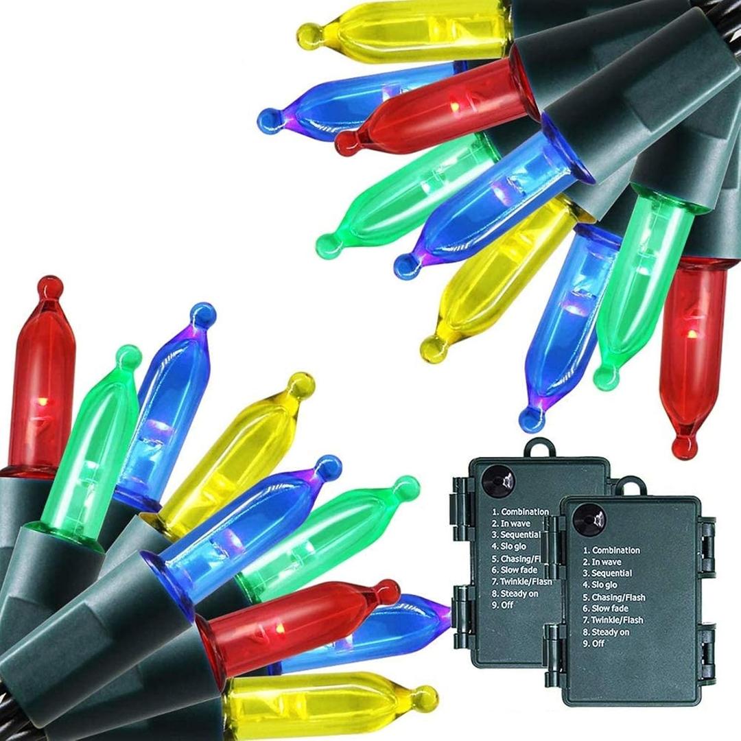 Twinkle Star Outdoor Christmas Lights Battery Operated 50 LED Mini String Light with 8 Modes, 16ft Waterproof Fairy Lights for Garden Xmas Tree Wedding Wreath Party Decoration (Multicolor, 2 Pack)