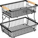 2 Tier Fruit Basket for Kitchen Counter with 2 Banana Hangers, Countertop Metal Bread Basket with Wooden Handle, Large Storage Stand for Vegetables, Snacks, Eggs, Produce Storage Black