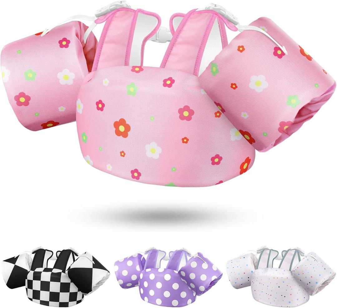 Vvinca Separable Toddler Swim Vest Fit 22-66 Lbs1-6 Years|2025 Newest 3 in 1 Pool Float & Arm Bands Boys and Girls, Adjustable Sturdy Safety for Infant 1 2 3 4 5 6 Year (D-Pink Flowers)