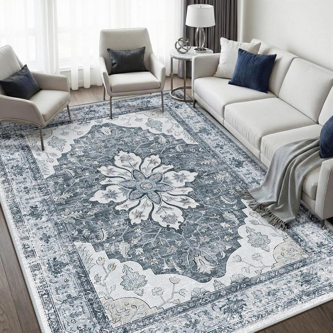 RELEANY Washable Area Rug, 5'x7', Grey/White/Beige