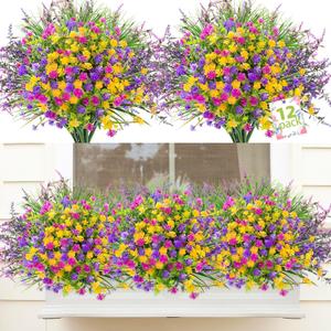 Artificial Spring Flowers Outdoor UV Resistant 12Pcs Faux Outdoor Flowers Fake Plastic Outdoor Plant for Hanging Planter Porch Window Home Wedding Decor, Multiple Color