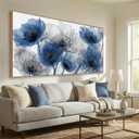 Tucai Decor Blue Floral Abstract Framed Canvas Wall Art 24x48 inch