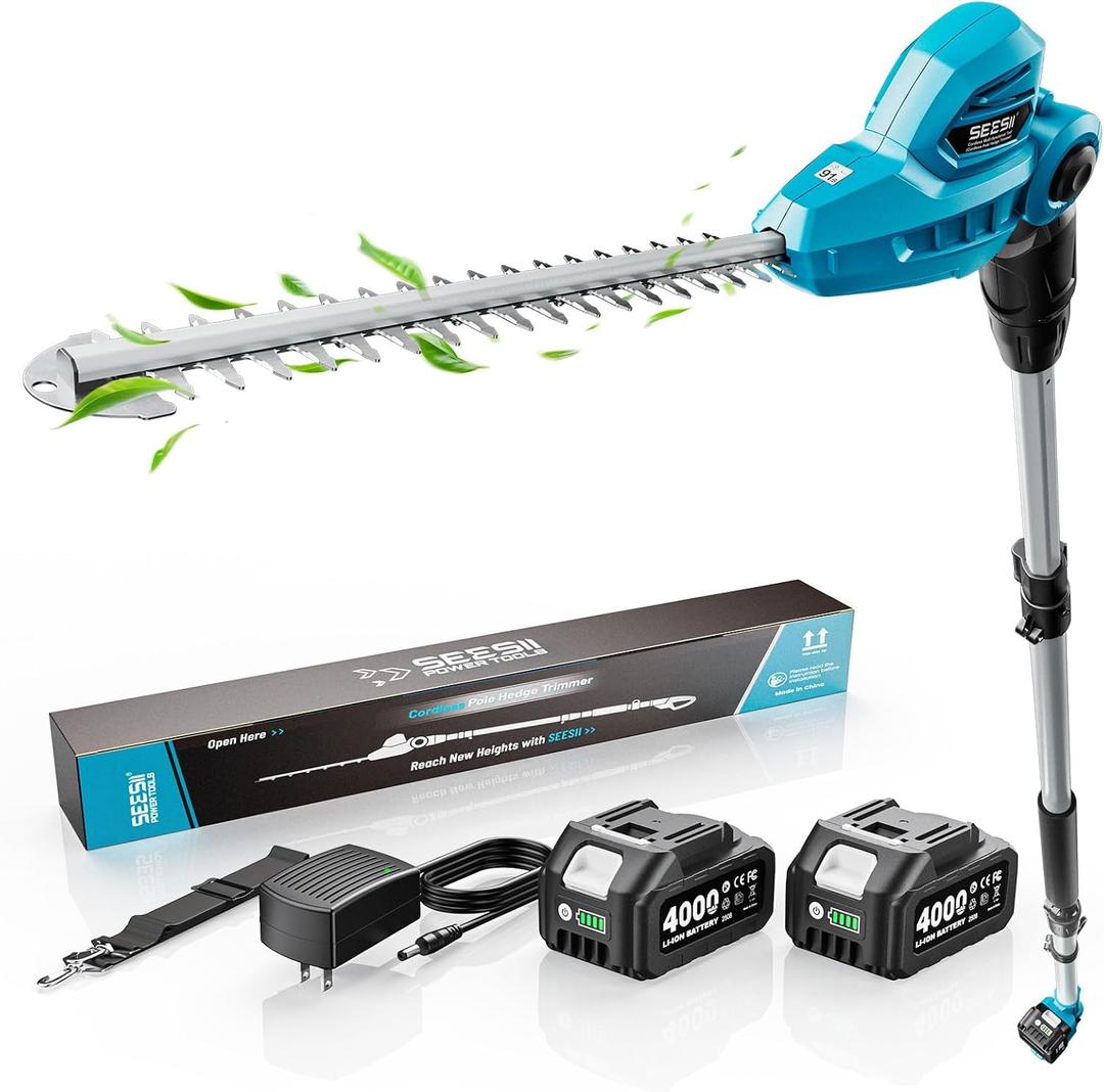SEESII 20V Pole Hedge Trimmer Cordless, 8.5 FT Reach, Dual 4.0Ah Batteries | 16" Dual-Action Blade, 5/8" Cut Capacity, 135 6-Position Head, 7-8.5 FT Extension Pole for Tall Hedges, Shoulder Strap