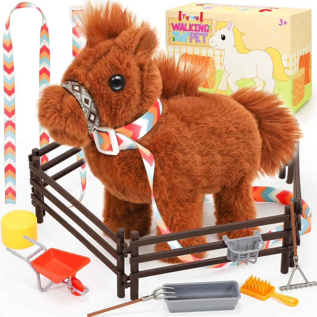 Tagitary Plush Horse Toys for Kids,Electronic Interactive Plush Toys with Leash That Making Sounds,Walking,and Wagging Tail,Stuffed Horse Realistic Pet for Boys Girls (Brown)