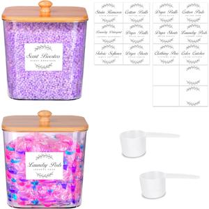 Efluky 2 Pack Laundry Pods Container & Dryer Sheet Holder Set,Clear Laundry Room Organization Containers with Bamboo Lids and Labels,Laundry Pods Holder for Scent Booster,Powder,Pod