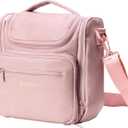 Large Toiletry Bag for Women, Hanging Leather Travel Makeup Bag with 360 Hook and Shoulder Strap, Travel Organizer for Full Sized Container, Toiletries, Brushes (Pink)