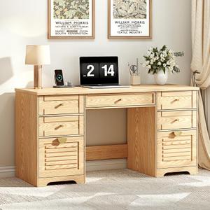 Ieejdn 59" Home Office Desks, Executive Desk, Farmhouse Computer Desk with 7 Drawers and Charging Station, File Drawer, Rustic Computer Writing Desk,Antique Wood