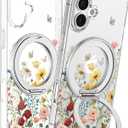Loheckle for iPhone 16 Case - Compatible with MagSafe Stand Women Girls Cute Clear Girly Aesthetic Kawaii Unique Design Soft TPU Built-in Magnetic Stand Phone Cover for Apple 16, Retro Floral