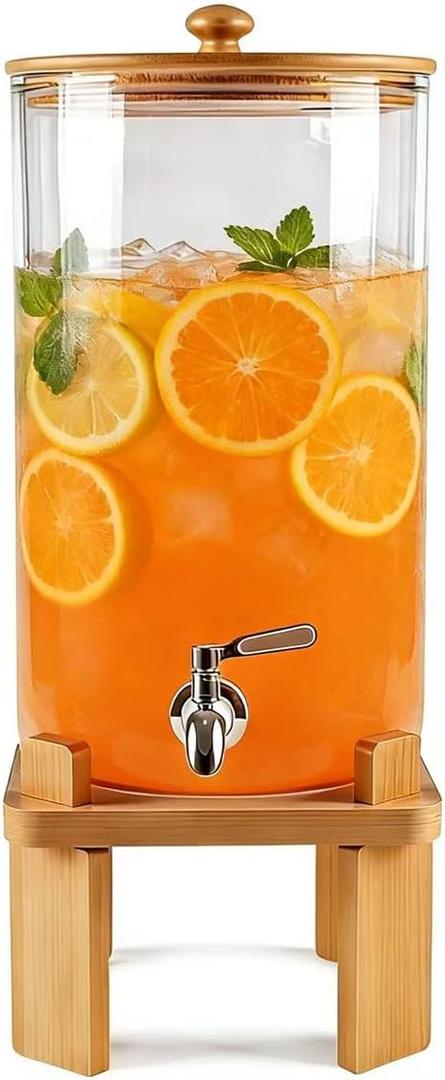 2.3 Gallon Large Glass Drink Dispenser for Parties, Glass Beverage Dispenser with Wood Stand, Juice & Lemonade Dispenser, Iced Beverage Dispenser with Spigot, Water Dispenser for Party with lid